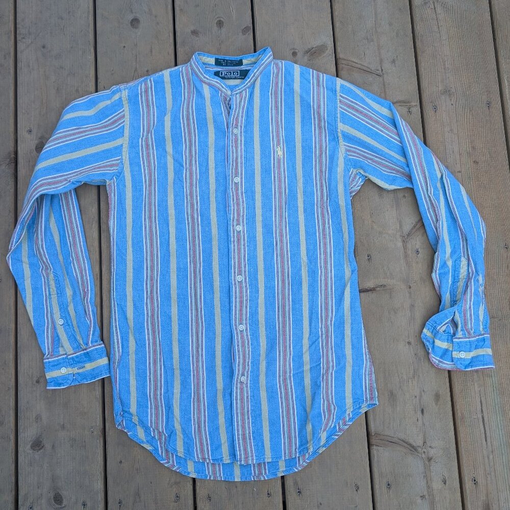 Polo by Ralph Lauren Button-Up Shirt Men's L Blue Striped Collared Casual Cotton